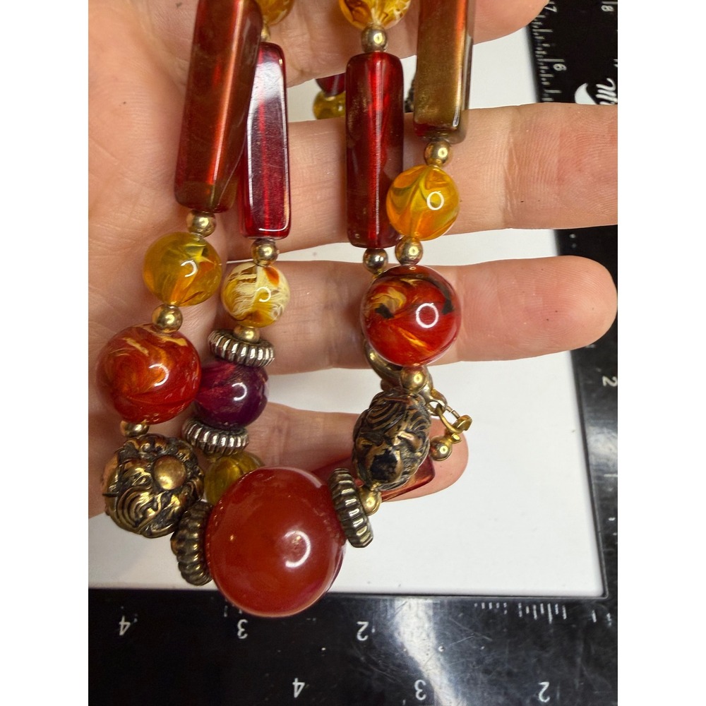 Bohemian Multi Bead Statement Necklace Red Amber Gold Tone Crescent Moon 20in